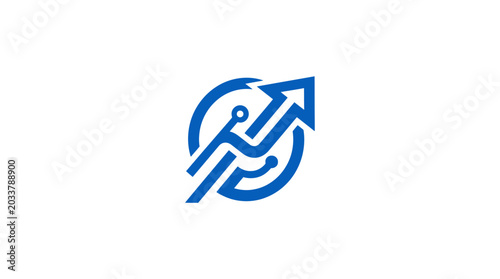 A blue digital arrow icon representing growth and technology connectivity