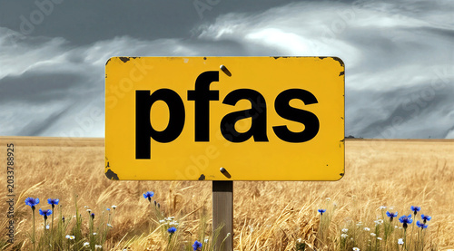 Yellow rustic sign with the word pfas standing prominently in a wheat field under stormy skies