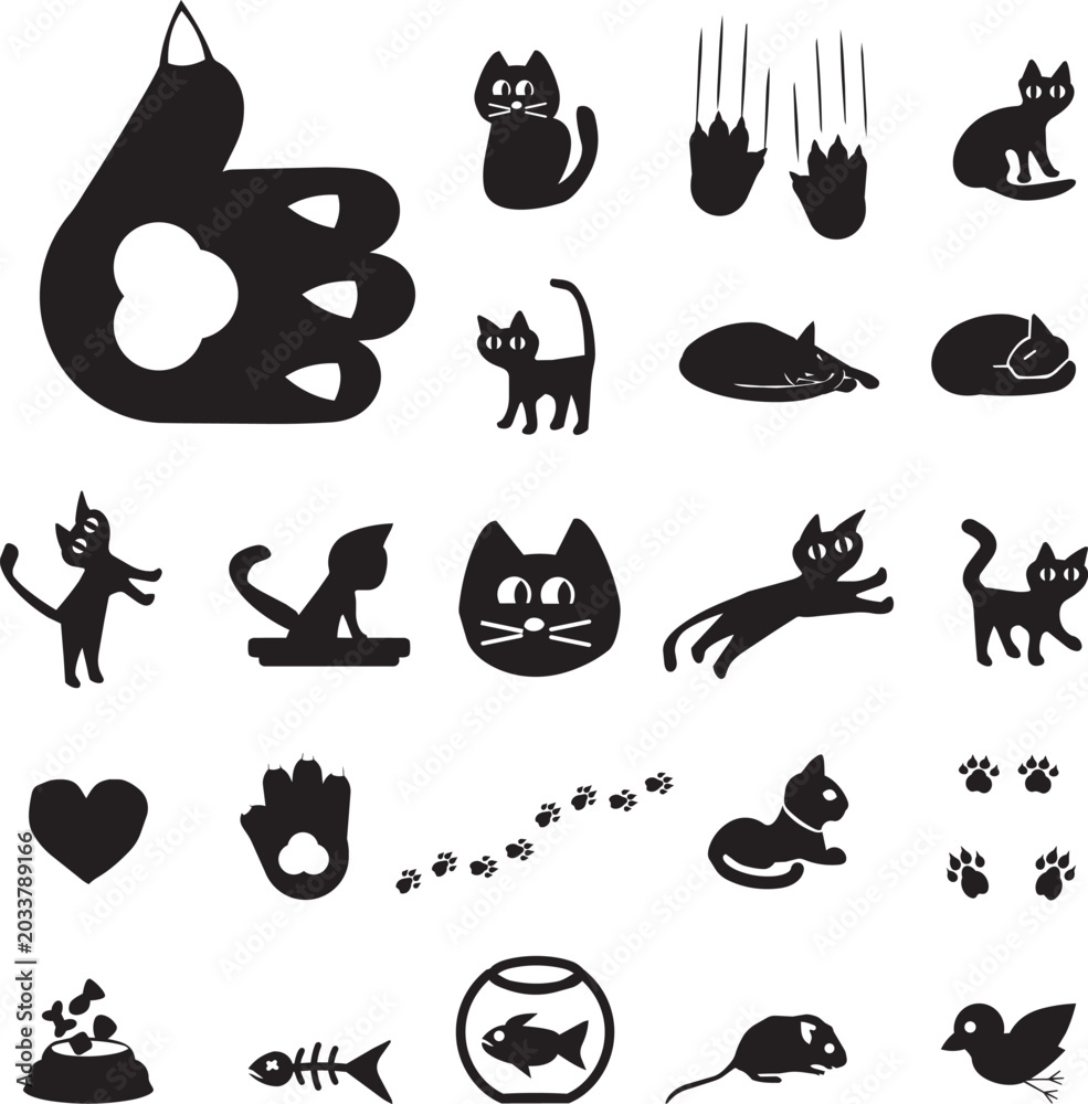 Fototapeta premium Black cat silhouette icon set with paw prints and fishbone elements