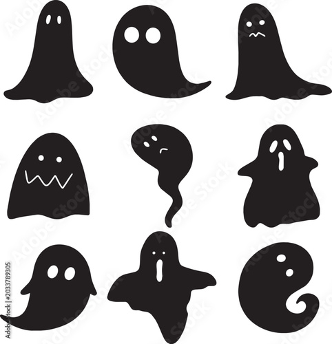 Foto Minimalist spooky ghost silhouette icon set vector collection for Halloween grap