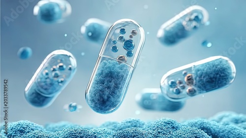 Transparent Blue and White Capsules Releasing Active Ingredients, Pharmaceutical Molecules and Nanotechnology, Modern Drug Delivery System Concept Illustration