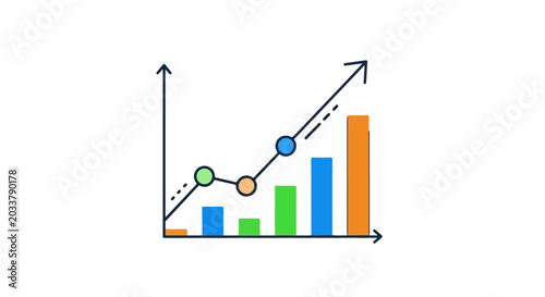 A bar and line graph with an upward trend, showing growth