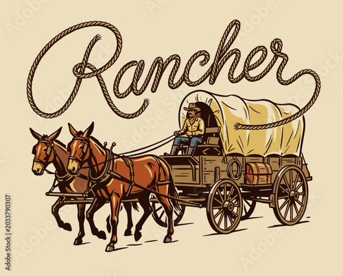 Foto Rancher vintage typography, wild west covered wagon, cowboy western illustration