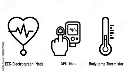 Medical monitoring icons: ecg sp o2 meter body thermometer with pulse oximeter vital signs line art monitoring electrocardiogram thermometer temperature measurement technology healthcare