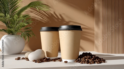 Coffee cups with beans and plant on a modern background for breakfast or coffee break scene