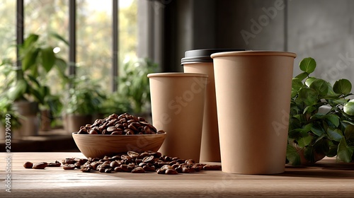 Brown paper coffee cups with beans and greenery on wooden surface near window