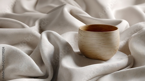 Empty wooden bowl resting on soft flowing white fabric for minimalistic decor