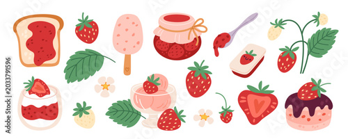 Strawberry products. Sweet berries desserts, fruit homemade jam, ice cream, popular taste, cake, panna cotta and yogurt, Cute hand drawn food garish vector cartoon flat style isolated set
