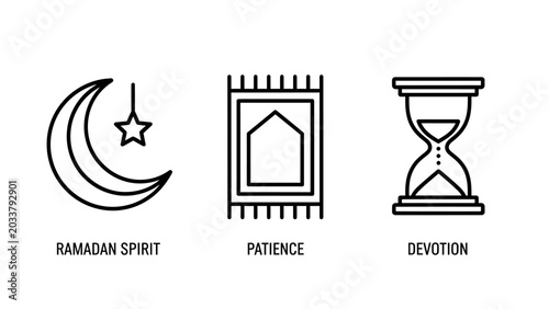Set of ramadan and spiritual growth concept icons with crescent hourglass patience devotion religion tradition spiritual reflection meditation religious minimalist celebration observance