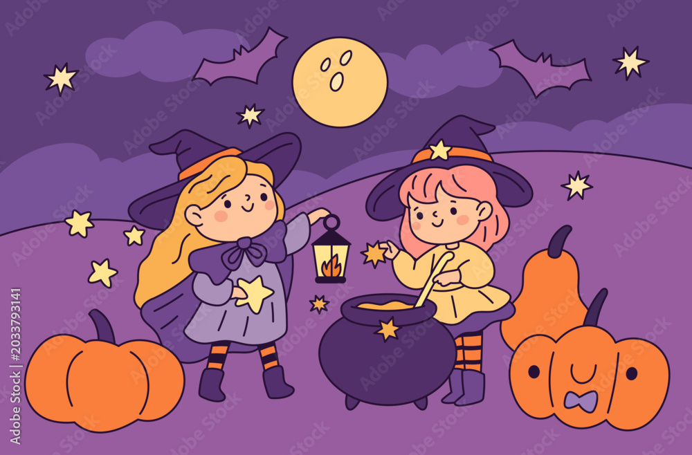 Obraz premium Kawaii witch girls. Funny sorceress friends brewing magical potion, halloween night, cute characters, cauldron among pumpkins on night landscape, garish vector cartoon isolated concept