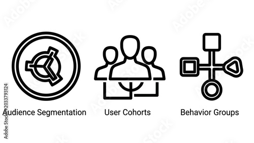 Audience segmentation user cohorts and behavior groups icons with segmentation audience behavior marketing analytics analysis customer demographic business strategy management research
