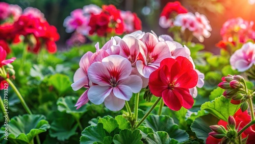 A bright red pink and white geranium flowers with green burgeons and leaves are in the summer garden