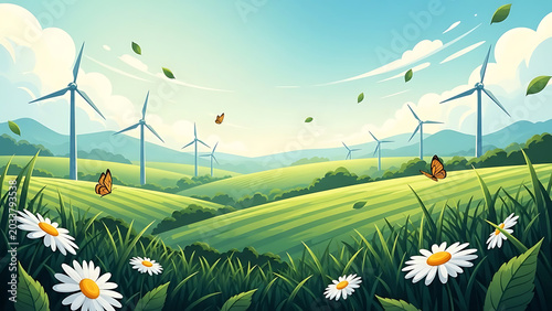 Child sitting in field with wind turbines and butterflies on sunny day