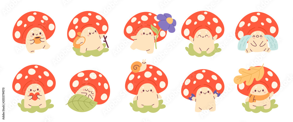 Obraz premium Cute fly agaric character. Funny medicinal or poisonous kawaii mushroom, comic fungus mascot decorative design, different playful poses and actions, garish vector cartoon isolated set