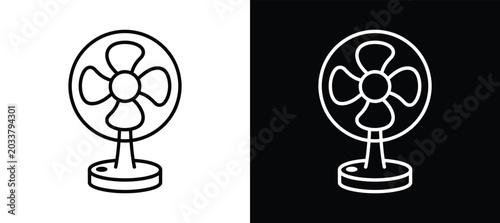 Foto Desk Fan Icon Pair: A minimalist illustration featuring a desk fan in both black and white contrast, symbolizing versatility and simple design