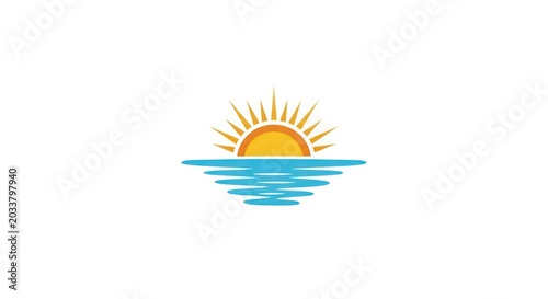 Classic sunrise over ocean icon with sharp rays and waves