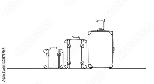 фотографія Three vintage travel suitcases continuous line art with suitcase, vacation