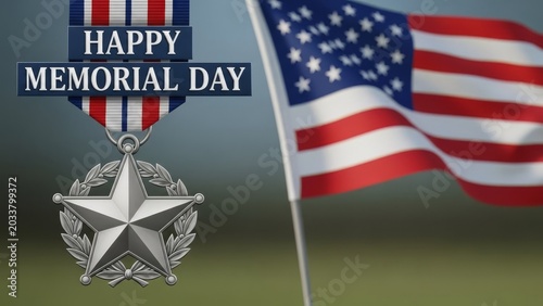 American Flag and Medal with Happy Memorial Day