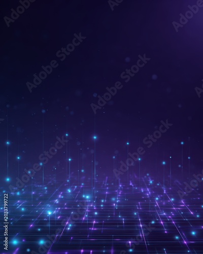 Abstract Futuristic Digital Technology Background with Neon Grid and Glowing Data Lights.