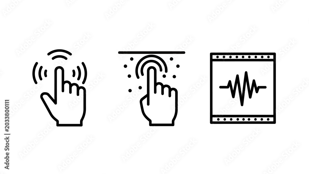 Obraz premium Touch interaction and signal wave UI navigation icons with interaction interface connection frequency vibration communication technology responsive application wireless activation feedback