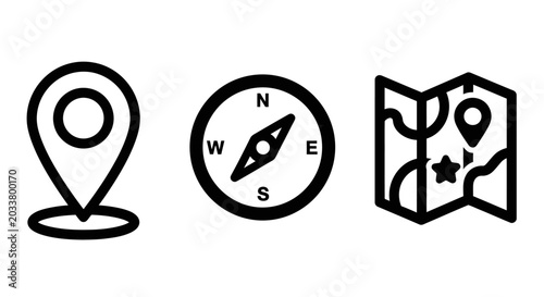 Set of map and navigation icons including location pin compass paper map with navigation location direction destination wayfinding position orientation explorer adventure tracking pictogram
