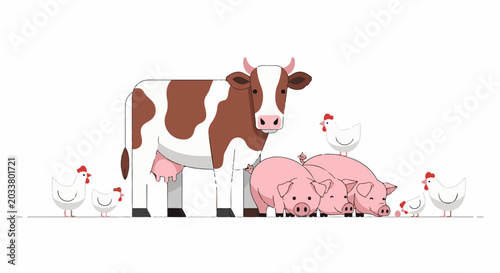 A cartoon cow, pigs, and chickens gathered on a white background
