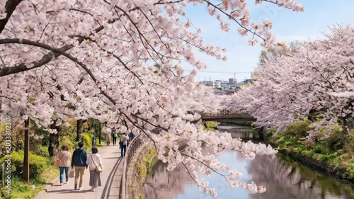 Sakura cherry blossom tree in full bloom with river in Negawa Green Road Tachikawa Tokyo Japan, spring travel landscape for tourism and seasonal destination campaigns, soft pink blossoms, calm