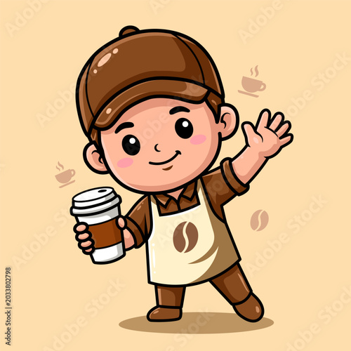 Tableau sur toile Cute cartoon barista boy holding coffee cup waving