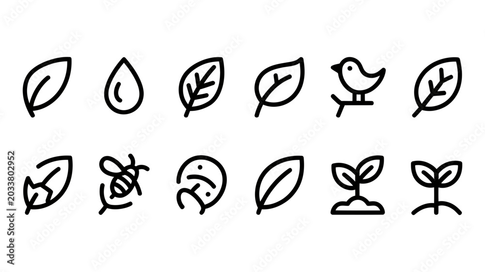Fototapeta premium Nature and ecology icons: leaves water droplets birds bees seedlings with organic farming, environment