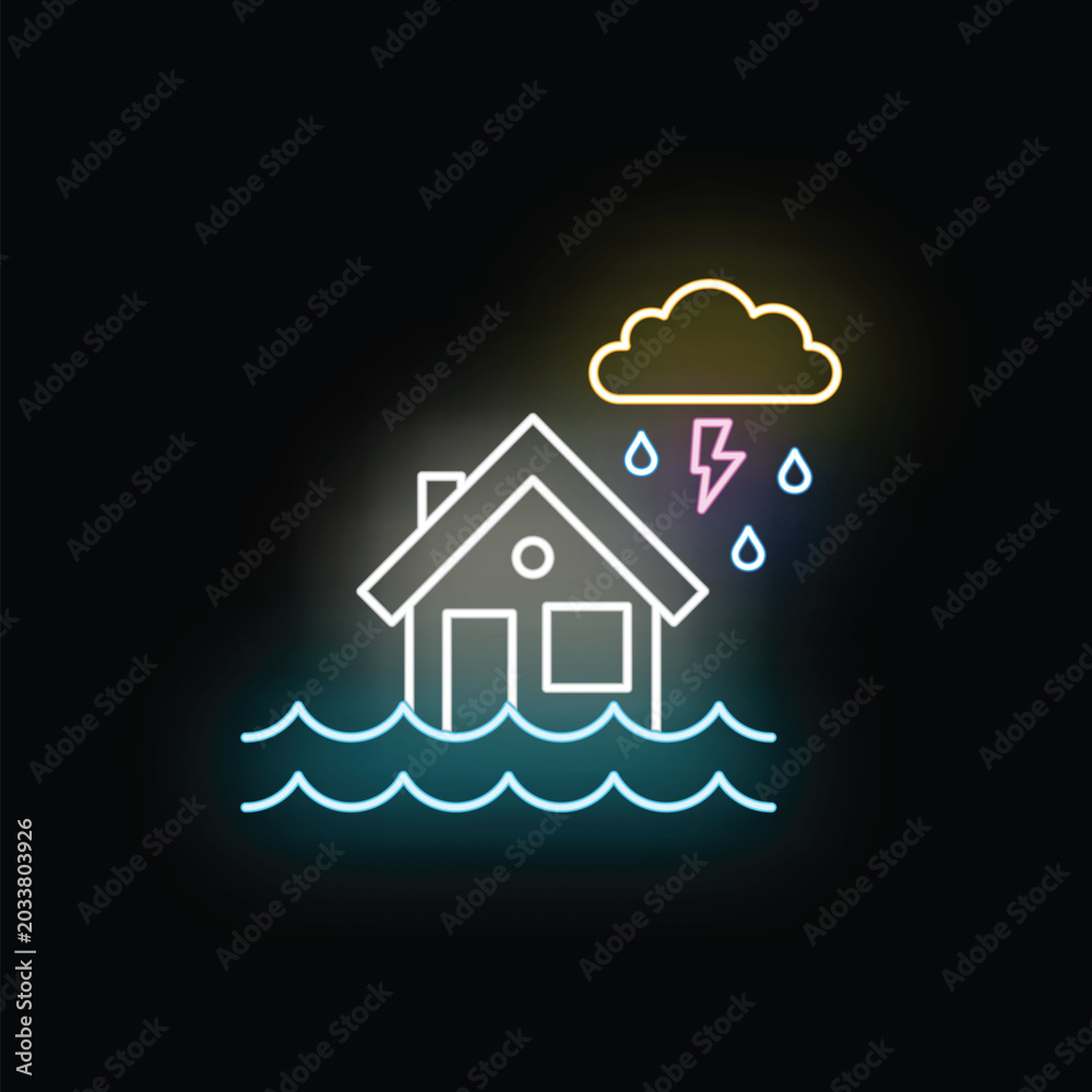 Fototapeta premium House submerged in floodwaters during a storm with rain and lightning