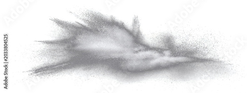 Fotografie Abstract smoke explosion or splash effect, monochromatic textured wisps, dynamic movement suggesting energy release, isolated on white