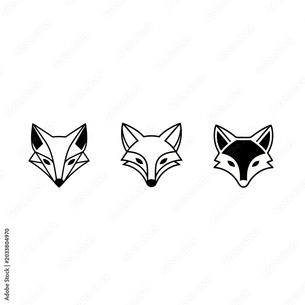 Fototapeta premium Three stylized minimalist fox face illustrations in black and white.