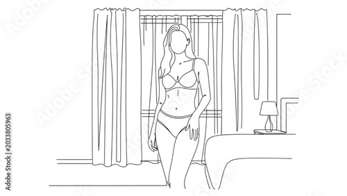 Woman in lingerie standing next to 2D CAD Vector bed in bedroom