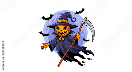 Photos Spooky Pumpkin Head Scarecrow with Scythe and Bats Halloween Illustration
