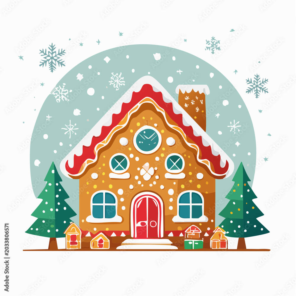 Fototapeta premium Christmas Gingerbread House with Snowflakes and Trees