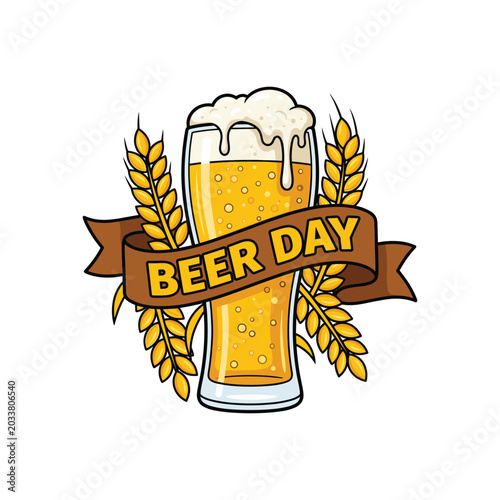 Fotografie Beer day illustration featuring a glass mug with foam wheat stalks and a ribbon