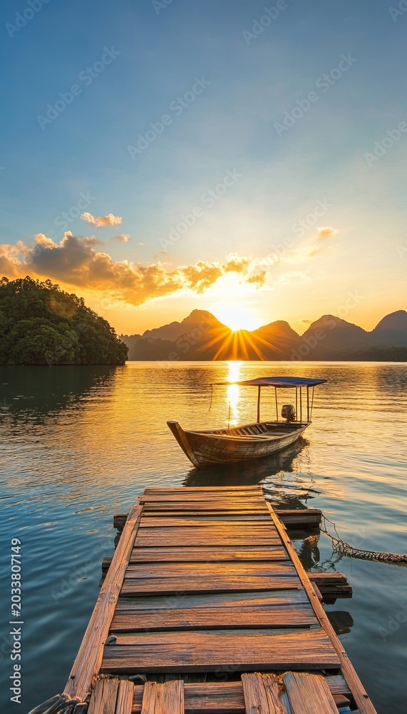 Obraz premium Serene Thai Sunset A Wooden Boat Moored by a Pier Reflecting Golden Light on Tranquil Water at Dusk