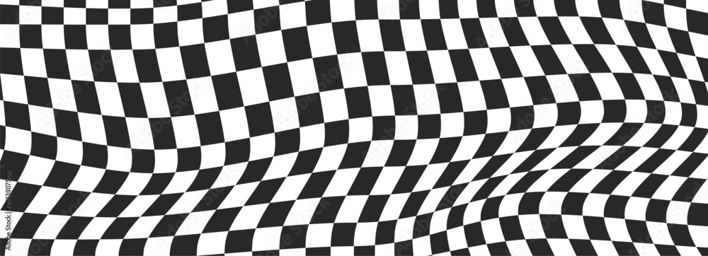 Obraz premium Black white checkerboard background, pattern grid. Retro psychedelic checkered wallpaper. Chessboard surface. Distorted geometric grid
