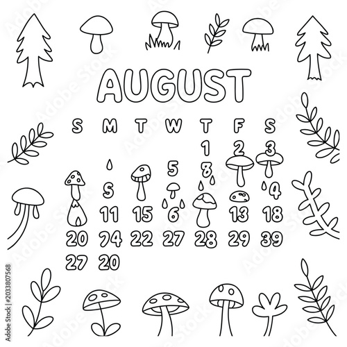 August calendar page with hand-drawn mushroom and forest leaf doodles
