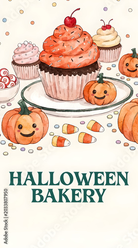 Cute Halloween bakery banner with cupcakes, candy corn and smiling pumpkins, pastel watercolor illustration, sweet festive atmosphere