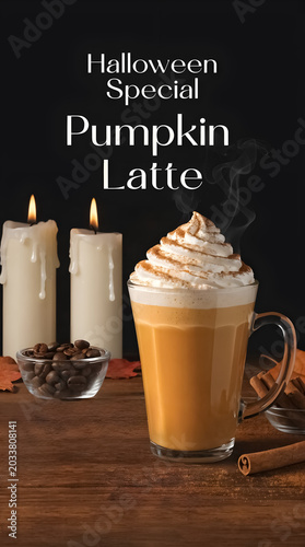 Cute Halloween coffee shop poster with pumpkin latte, autumn leaves and cozy candles, warm seasonal atmosphere, minimalist style