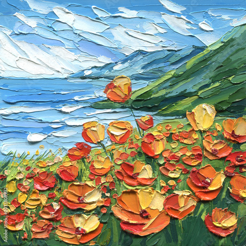 Canvastavla poppy meadow by lake impasto oil painting with blue mountains orange wildflowers