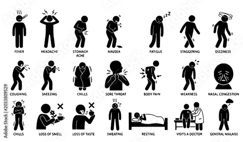 Obraz na płótnie Stick Figure Illness and Discomfort Symptom Icon Collection Black and White Illu