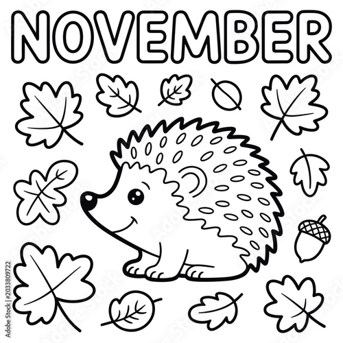 Coloring page with a cute hedgehog, autumn leaves, and the text november