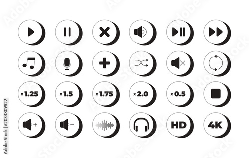 Audio media player control modern black and white UI element set. Streaming multimedia playback. Isolated monochrome vector interface component pack for app design in minimal neubrutalism style