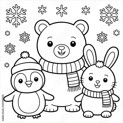 Coloring page with cartoon bear, penguin, and rabbit in winter scarves