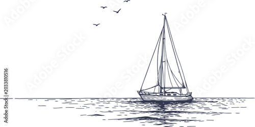 A minimalist black and white ink sketch showing a solitary sailboat drifting across the ocean