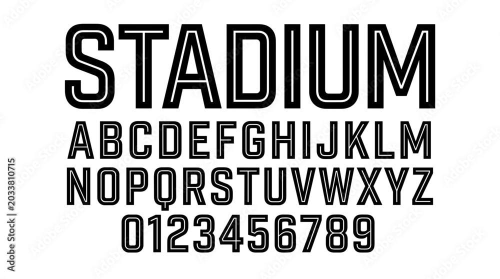 Obraz premium Black and white stadium font display with alphabet and numbers for sports branding and design