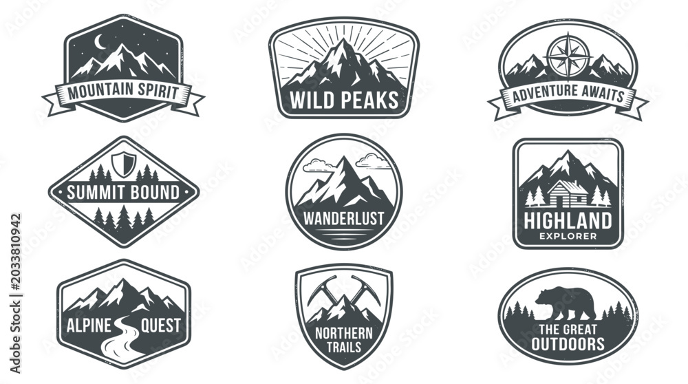 Fototapeta premium Collection of vintage monochromatic mountain adventure emblems and badges featuring rugged peaks pine trees winding roads compasses and rustic cabins evoking exploration