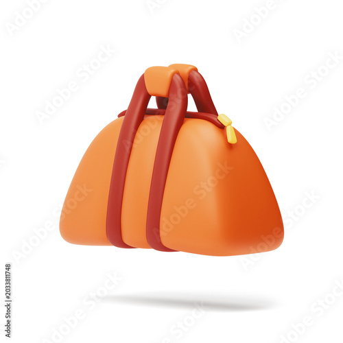 3D rendering of a cute cartoon orange sports gym bag with brown inserts and a zipper, floating in the air above the floor. Minimalist travel and fitness icon isolated on white background.